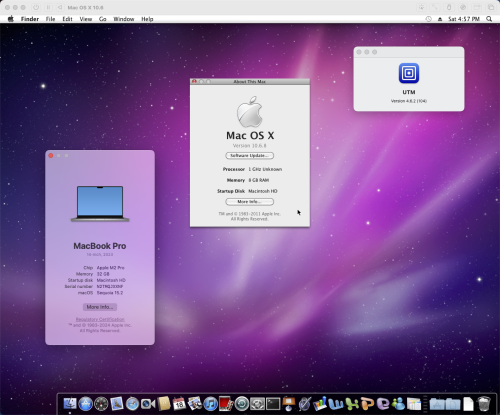 Snow Leopard running under UTM on an Apple Silicon MacBook Pro